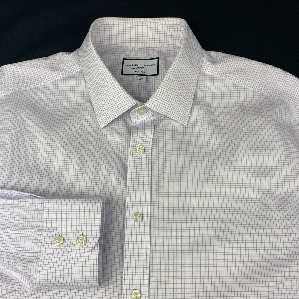 Charles Tyrwhitt Dress Shirt Mens 18-35 Lavender Checks Classic Fit No Iron